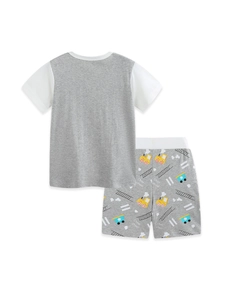 Boys short sleeve cotton set with grey t-shirt and cartoon train print shorts