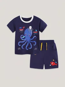 Boys summer navy blue short sleeve T-shirt and shorts set with cartoon octopus print