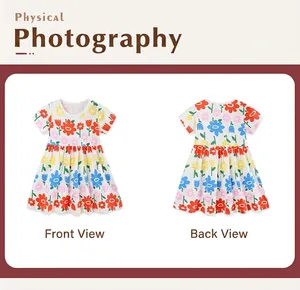 Detailed front and back view of girls short sleeve dress with vibrant floral print