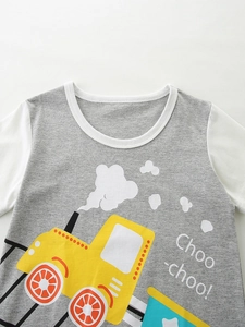 Boys short sleeve t-shirt with grey body, white sleeves and yellow cartoon train print