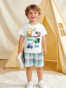 Ensemble de Vêtements d'Été en Coton pour Garçons T-Shirt à Manches Courtes Imprimé Camion de Chantier et Short à Carreaux