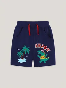 Boys navy blue cotton shorts with cartoon dinosaur embroidery and red drawstring