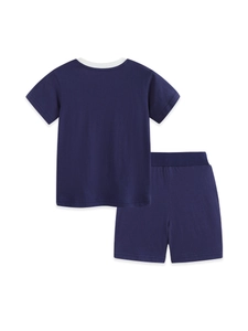 Kids navy cotton summer t-shirt and shorts set with white ribbed crew neck collar