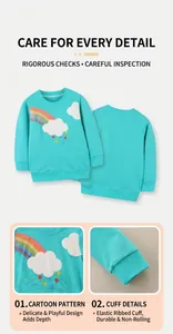 Detail of teal girls' sweatshirt featuring rainbow embroidery with ribbed cuffs and hem