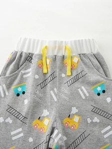 Boys grey cotton shorts set featuring yellow cartoon train print and elastic drawstring