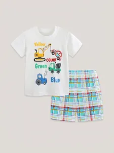Ensemble d'été garçon t-shirt en coton motif camions et short à carreaux colorés de qualité