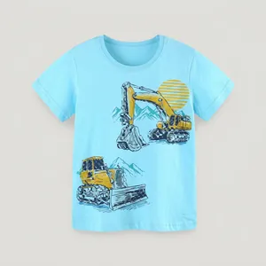 Close-up of blue cotton kids T-shirt featuring yellow excavator and bulldozer prints