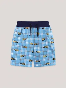 Short décontracté en coton pour garçon avec motif à carreaux bleus et pelleteuse