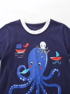Kids navy blue cotton short sleeve t-shirt with cute cartoon octopus and ocean theme print