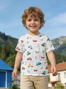Maglietta in Cotone Estiva da Ragazzo Stampa Cartone Animato Auto Dinosauro Manica Corta Girocollo Bambini Top Pullover