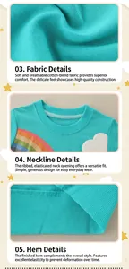 Detail of blue toddler sweatshirt with rainbow embroidery and ribbed neckline