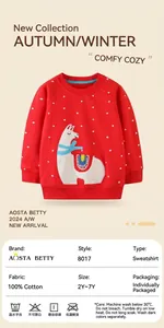 Detail view of 100% cotton red children's sweatshirt with alpaca embroidery and size chart
