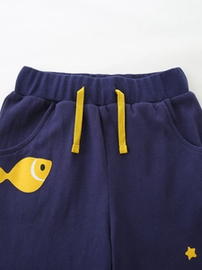 Kids navy cotton trousers with yellow drawstring and cute cartoon fish print patterns