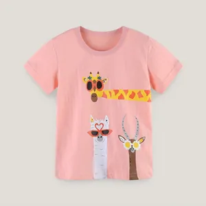 Detail of baby boy cotton t-shirt featuring fun animal embroidery on a light pink fabric