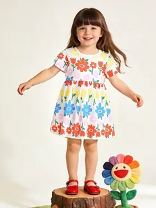 Girls Summer Floral Print Short Sleeve Princess Dress Soft Cotton Knit Casual Party Dress For Kids 2-7 Years
