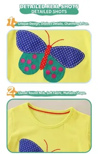 Detailaufnahme des gelben Baumwoll-T-Shirts für Kinder mit bunter Schmetterlings-Applikation