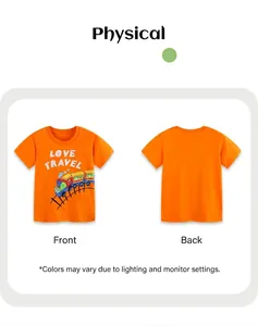 Detailansicht der Vorder- und Rückseite eines orangefarbenen Kinder-T-Shirts mit Zugmotiv