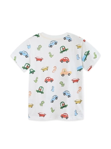 T-shirt per bambini a maniche corte in cotone con motivi di auto e dinosauri colorati