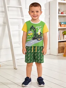 Toddler Boys Summer Outfit Short Sleeve T-Shirt And Plaid Shorts Excavator Rabbit Print Cotton Casual Childrens Clothes
