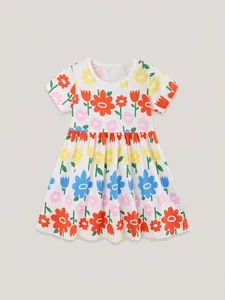 Girls summer cotton dress with colorful floral print and cute short sleeve design