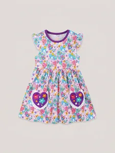 Girl's summer purple floral princess dress with flutter sleeves and heart pockets