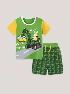 Kids summer cotton set with excavator rabbit t-shirt and green checkered shorts