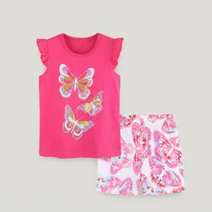 Detail of girls summer set with butterfly print tee and matching printed shorts