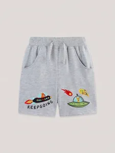 Boys light grey knit shorts featuring cartoon rocket and UFO embroidery with adjustable drawstring