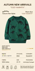 Detail showing dark green cotton kids sweatshirt with dinosaur prints and size charts