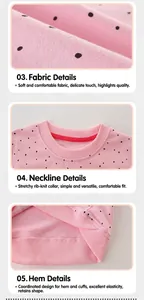 Détail du tissu en maille à pois roses, col côtelé et ourlet élastique sur sweat enfant