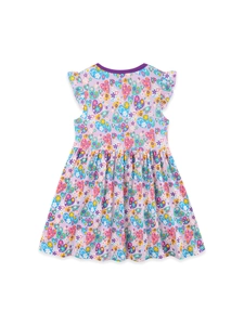 Girl's summer flutter sleeve princess dress with purple floral and heart print patterns