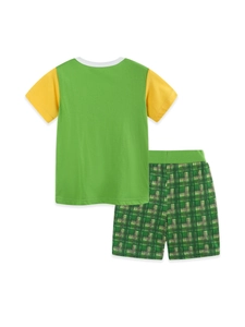 Boys summer outfit with fruit green excavator print T-shirt and plaid shorts set