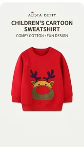 Detail of red kids sweatshirt featuring a cartoon 3D deer embroidery and ribbed round neck