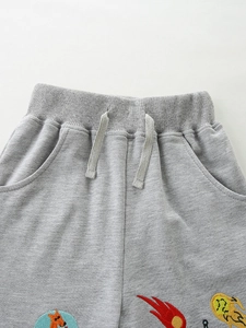 Grey boys cotton sports shorts with cartoon fox embroidery and elastic drawstring waist
