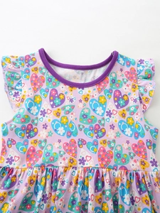 Summer girls floral flutter sleeve dress with colorful heart prints in pink purple cotton