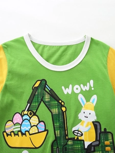 Boys short sleeve cotton t-shirt featuring green plaid excavator and bunny embroidery