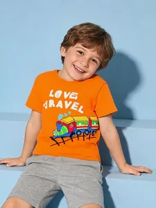 Jungen Sommer Baumwolle T-Shirt Orange Cartoon Zug Bedruckt Kurzarm Rundhals Lässig Top Für Kinder Kleinkind Kleidung