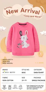 Detail of pink cotton sweatshirt with cute white rabbit embroidery for little girls