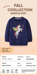 Detailed size chart for girl's navy blue cotton sweatshirt with unicorn embroidery