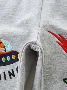 Grey knit boys' shorts with colorful cartoon spaceship embroidery and premium stitching