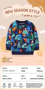 Detail of navy blue kids cotton sweatshirt featuring forest animals and owl patterns