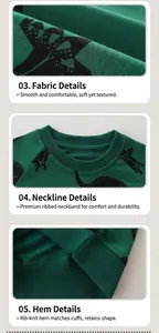 Detail of green cotton sweatshirt featuring ribbed neckline and black dinosaur silhouette