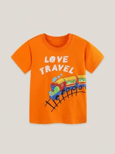 Jungen Baumwoll T-Shirt in Orange mit Cartoon Zug Print und Love Travel Grafik