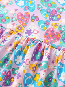Floral knit cotton girl dress with flutter sleeves and colorful heart print detail