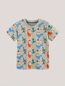 T-shirt da bambino a maniche corte con dinosauri e palme su morbido cotone beige