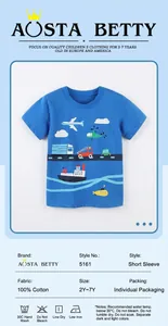 Detail view of cotton kids t-shirt showing transport prints and 100% cotton material specs
