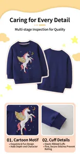 Detail of navy blue girls' sweatshirt showing unicorn embroidery and ribbed elastic cuffs