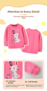 Detail of pink girls sweatshirt featuring bunny embroidery and ribbed cuffs design