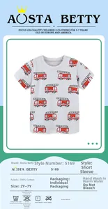 Detail of cotton kids t-shirt showing gray fabric with red fire truck print and size labels