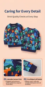 Detail of boys navy sweatshirt showing forest animal prints and ribbed elastic cuffs